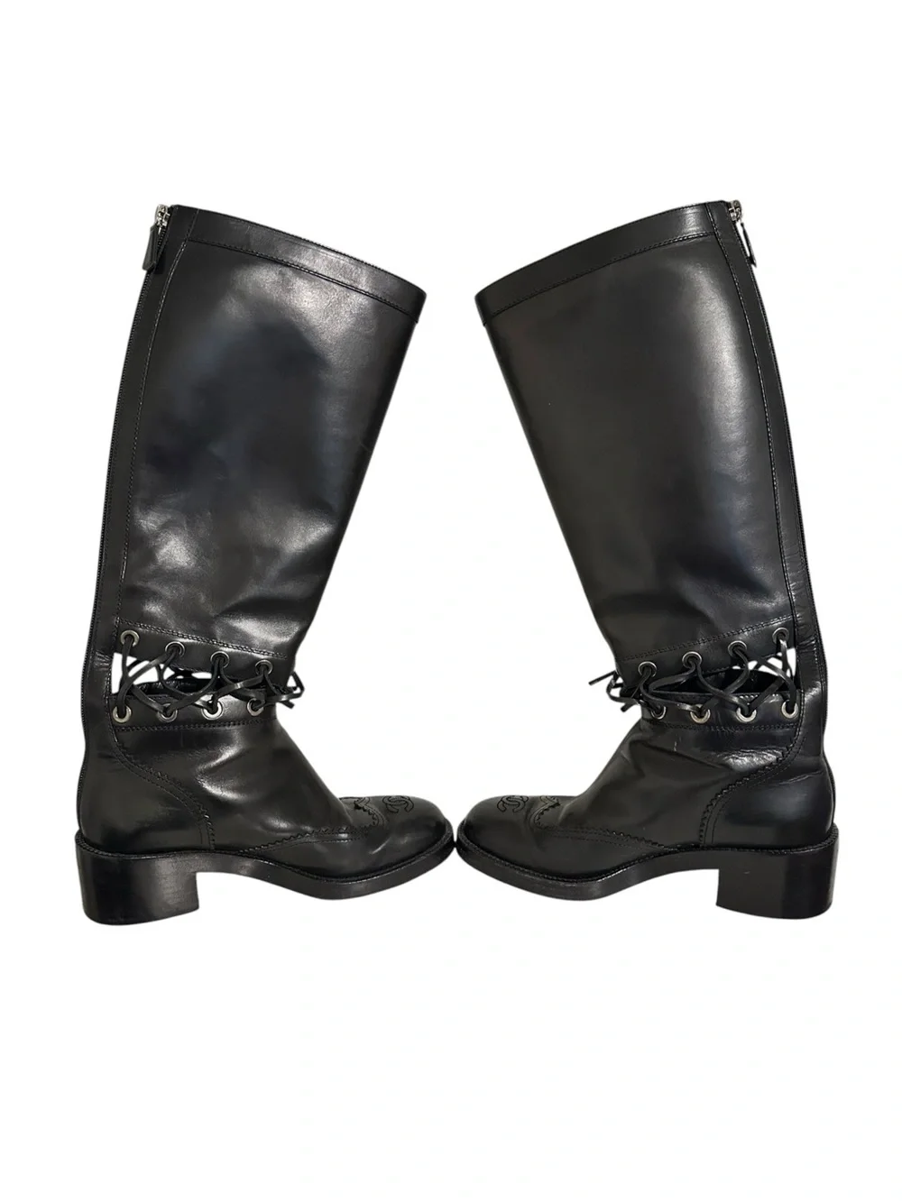 CHANEL KARL LAGERFELD Fall 2016 Runway Black Corset CC Riding Boots 38.5